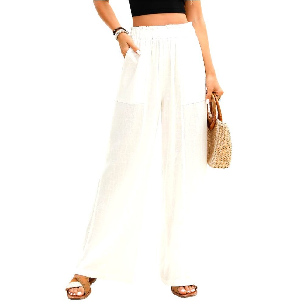 Linen Wide Leg Palazzo Pants High Waist Flowy Boho Summer Lounge Work Outfits